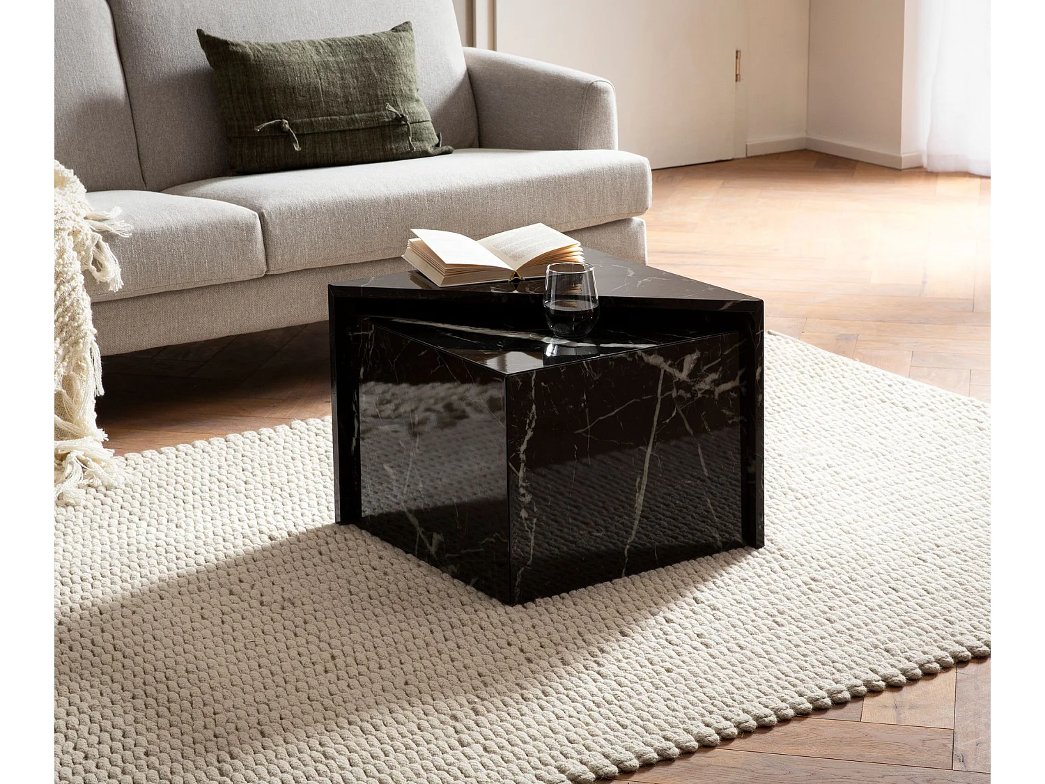 Tables Gigognes MONOBLOC Ensemble Deux Pièces Noir Aspect Marbre Brilliant, Table de Salon Set de