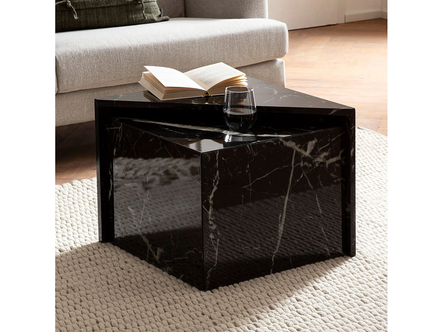 Tables Gigognes MONOBLOC Ensemble Deux Pièces Noir Aspect Marbre Brilliant, Table de Salon Set de