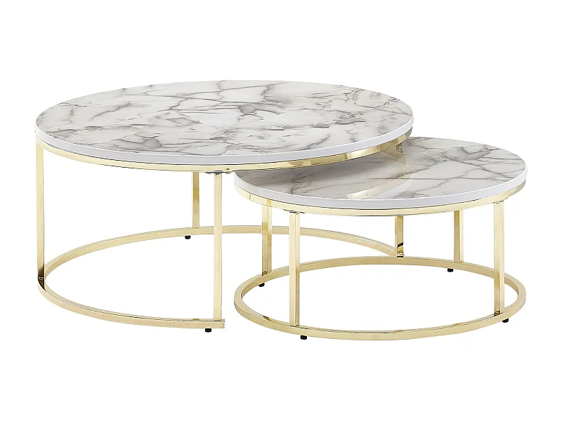 Set van 2 Witgouden Marmer Look Salontafel Rond Modern | Salontafels 2-delig metaal | Ronde salontafels | Ontwerp nesttafels