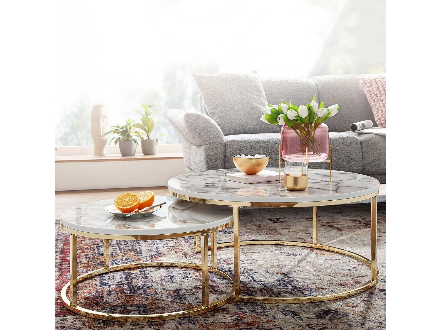 Set van 2 Witgouden Marmer Look Salontafel Rond Modern | Salontafels 2-delig metaal | Ronde salontafels | Ontwerp nesttafels