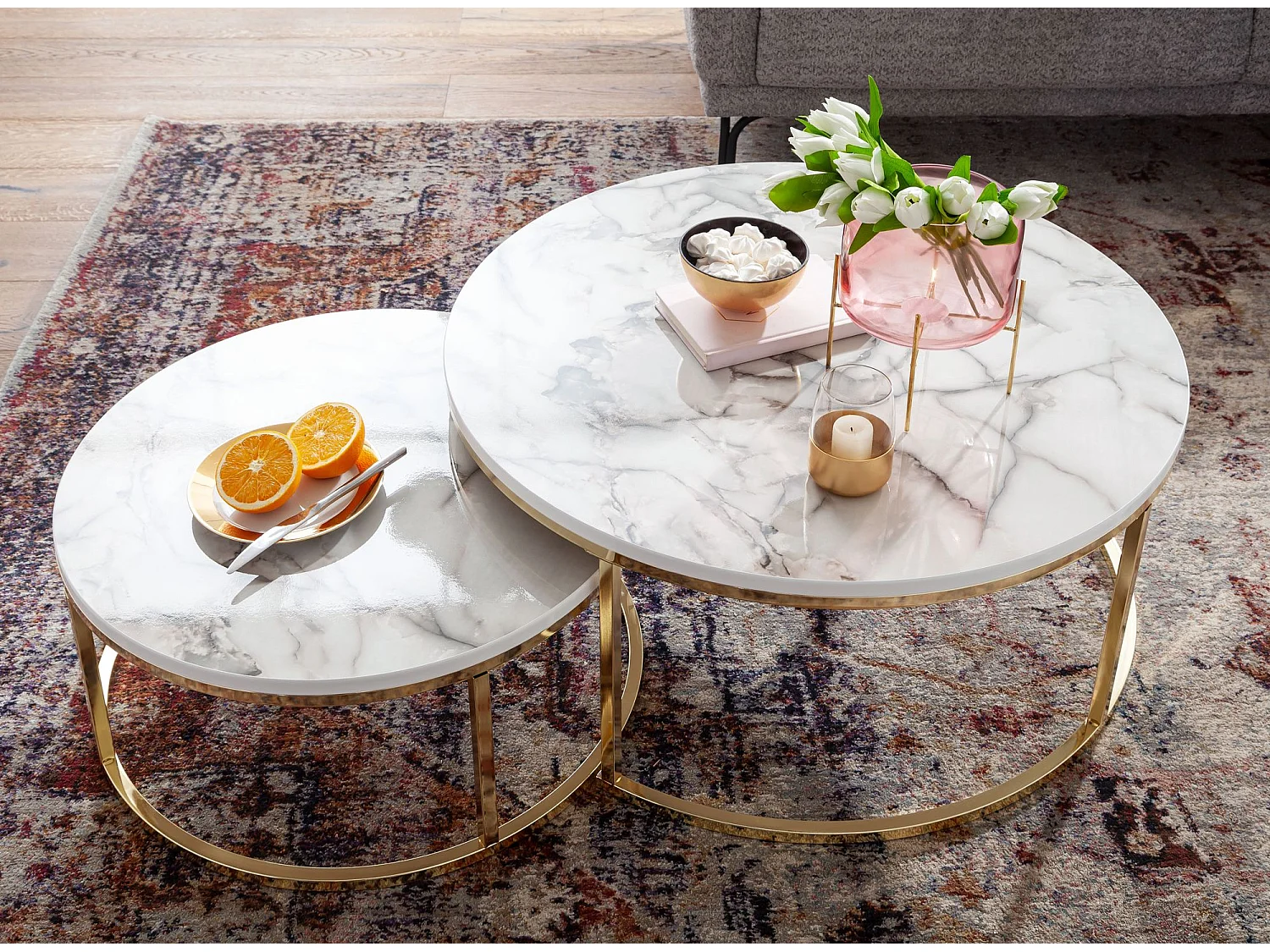 Set van 2 Witgouden Marmer Look Salontafel Rond Modern | Salontafels 2-delig metaal | Ronde salontafels | Ontwerp nesttafels