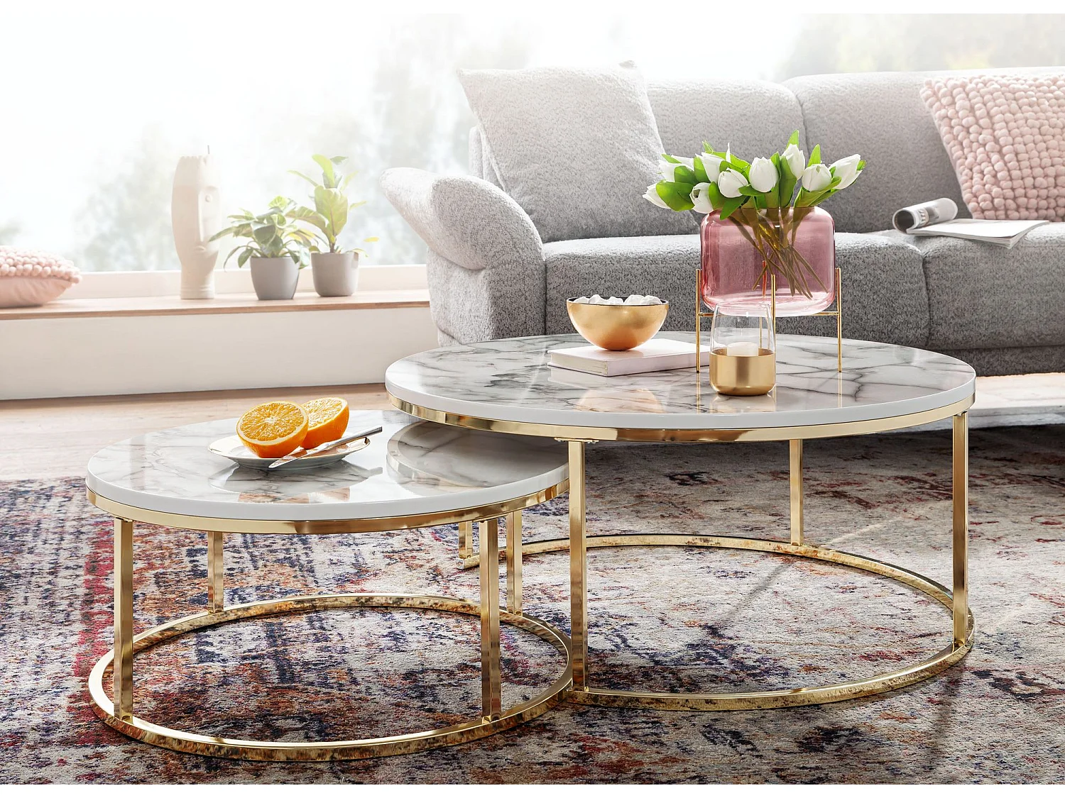 Couchtisch 2er Set Weiß Gold Marmor Optik Sofatisch Rund Modern, Couchtische 2-teilig Metall,