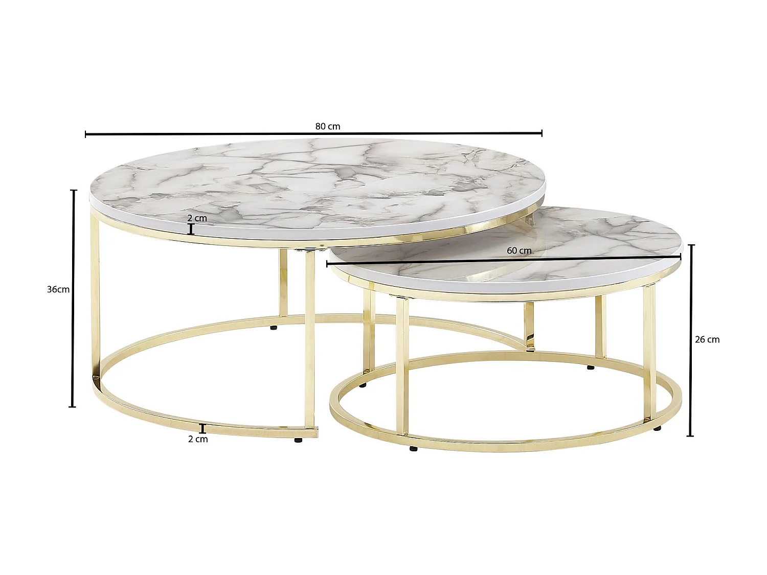 Couchtisch 2er Set Weiß Gold Marmor Optik Sofatisch Rund Modern, Couchtische 2-teilig Metall,