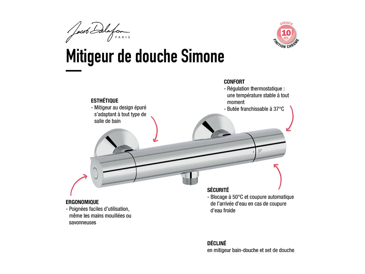 Mitigeur douche thermostatique JACOB DELAFON Simone chrome + nettoyant