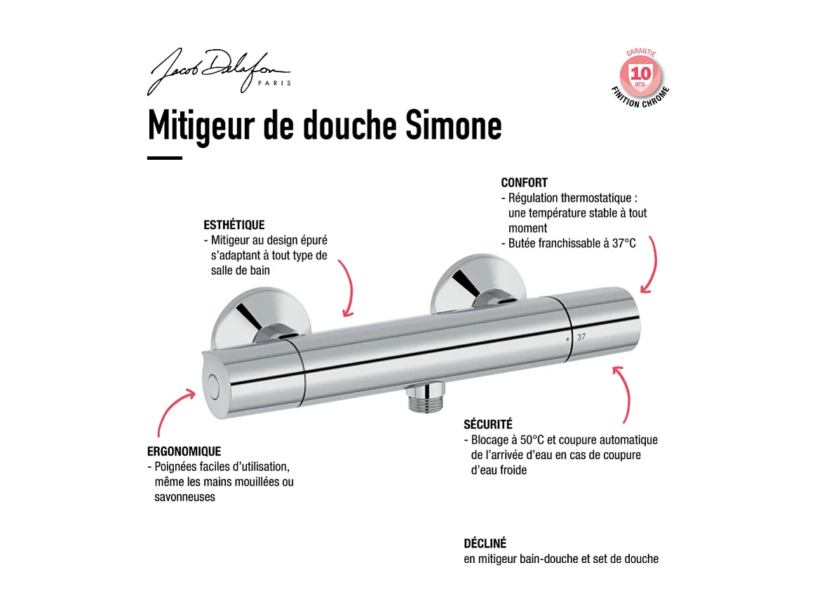 Mitigeur douche thermostatique JACOB DELAFON Simone chrome + nettoyant