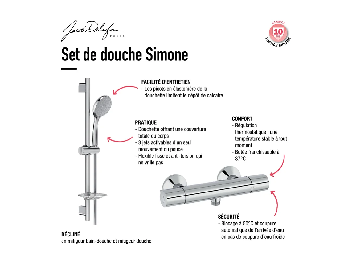 Mitigeur de douche thermostatique JACOB DELAFON Simone + barre + pommeau de douche + nettoyant