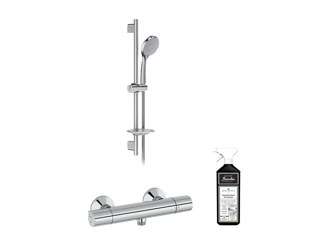 Mitigeur de douche thermostatique JACOB DELAFON Simone + barre + pommeau de douche + nettoyant