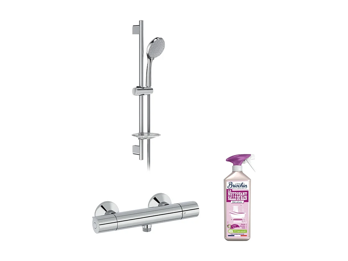 Mitigeur de douche thermostatique JACOB DELAFON Simone + barre + pommeau de douche + nettoyant