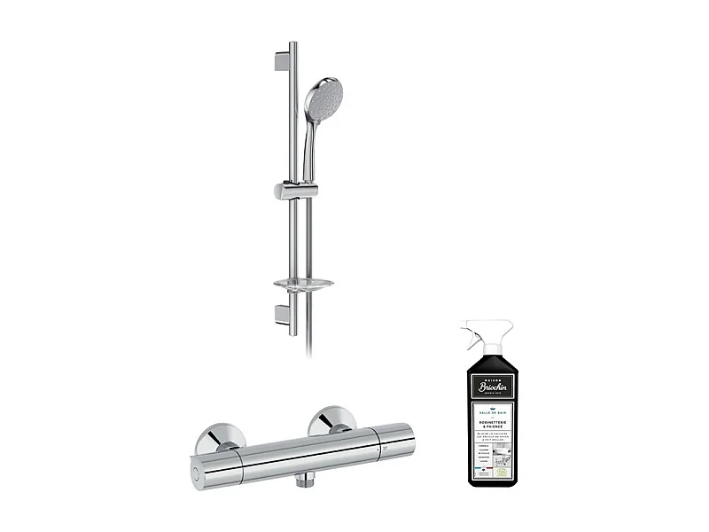 Mitigeur de douche thermostatique JACOB DELAFON Simone + barre + pommeau de douche + nettoyant