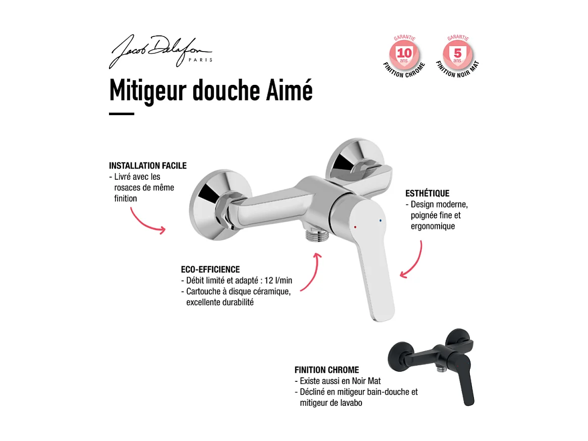Pack mitigeur de douche mécanique JACOB DELAFON Aimé noir + barre + pommeau + nettoyant
