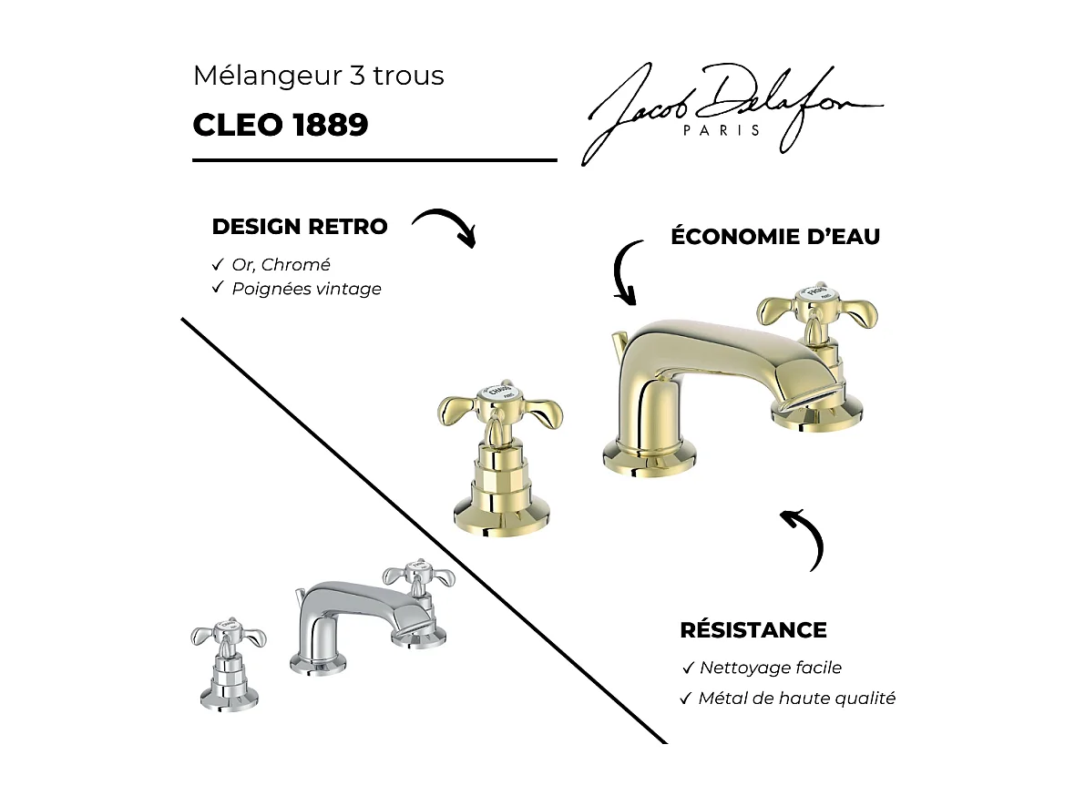 Mélangeur 3 trous JACOB DELAFON Cléo 1889 chrome + nettoyant