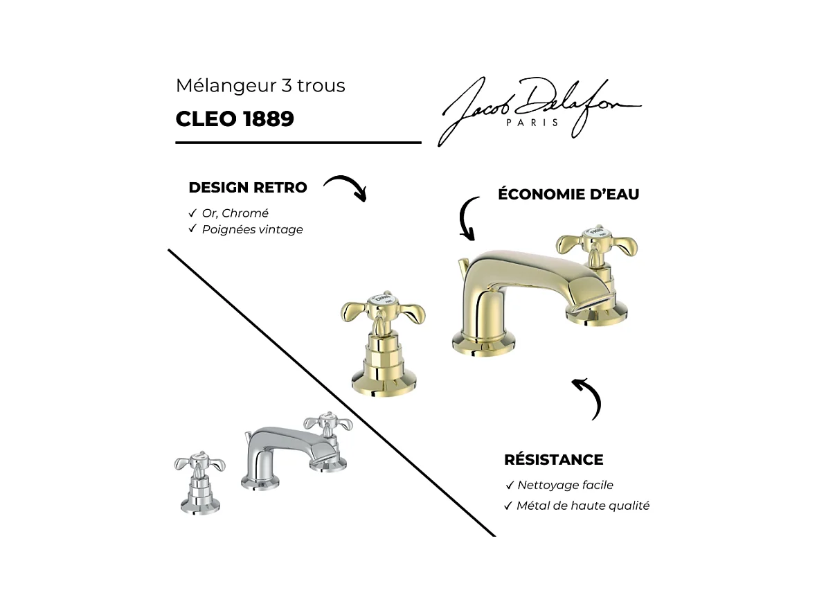 Mélangeur 3 trous JACOB DELAFON Cléo 1889 chrome + nettoyant