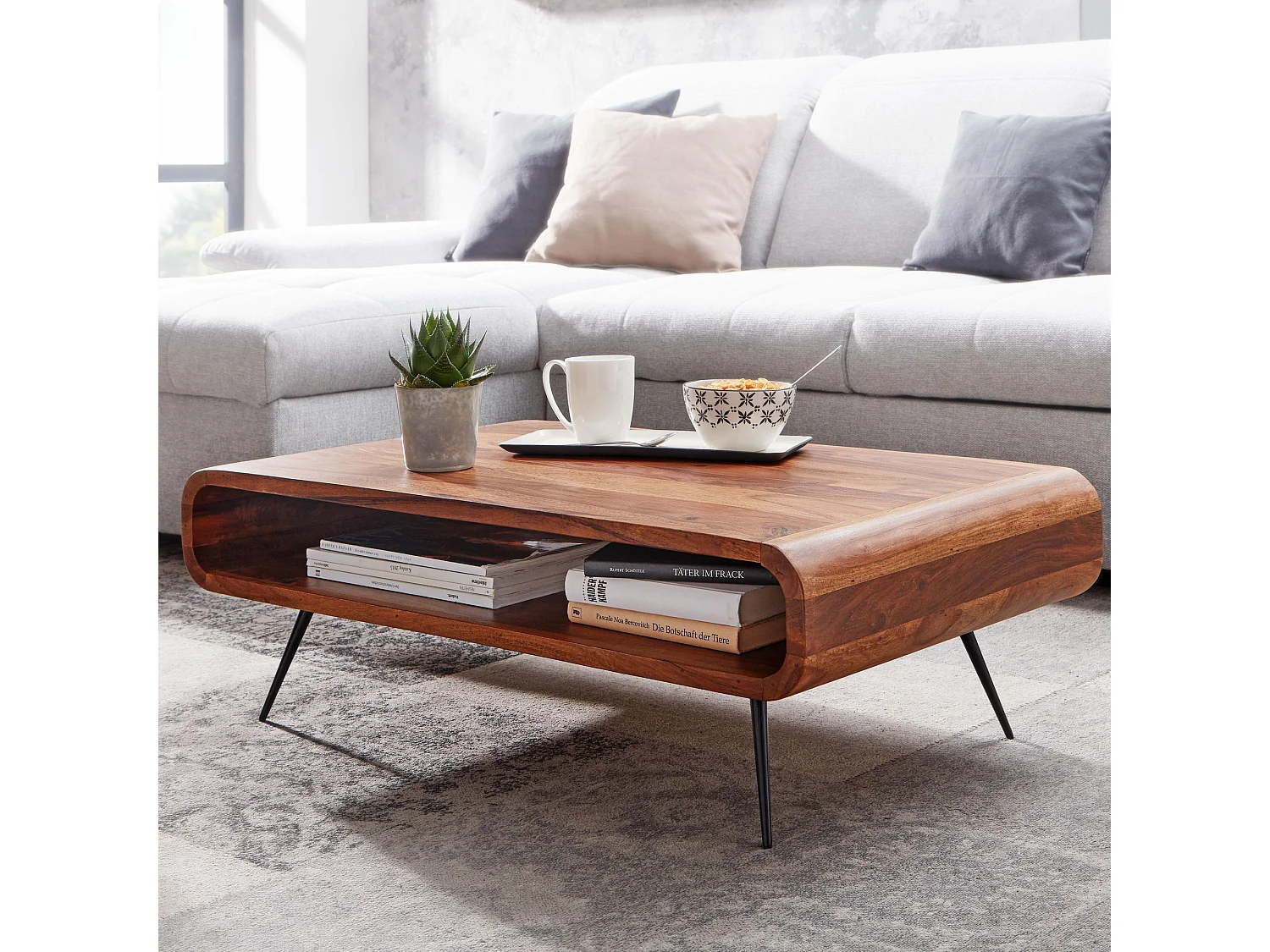 Table Basse de Salon Sheesham Bois Massif et Métal 90x55x30 cm Rectangulaire | Table de Canapé avec Rangement Marron | Design Table d'appoint Style Moderne
