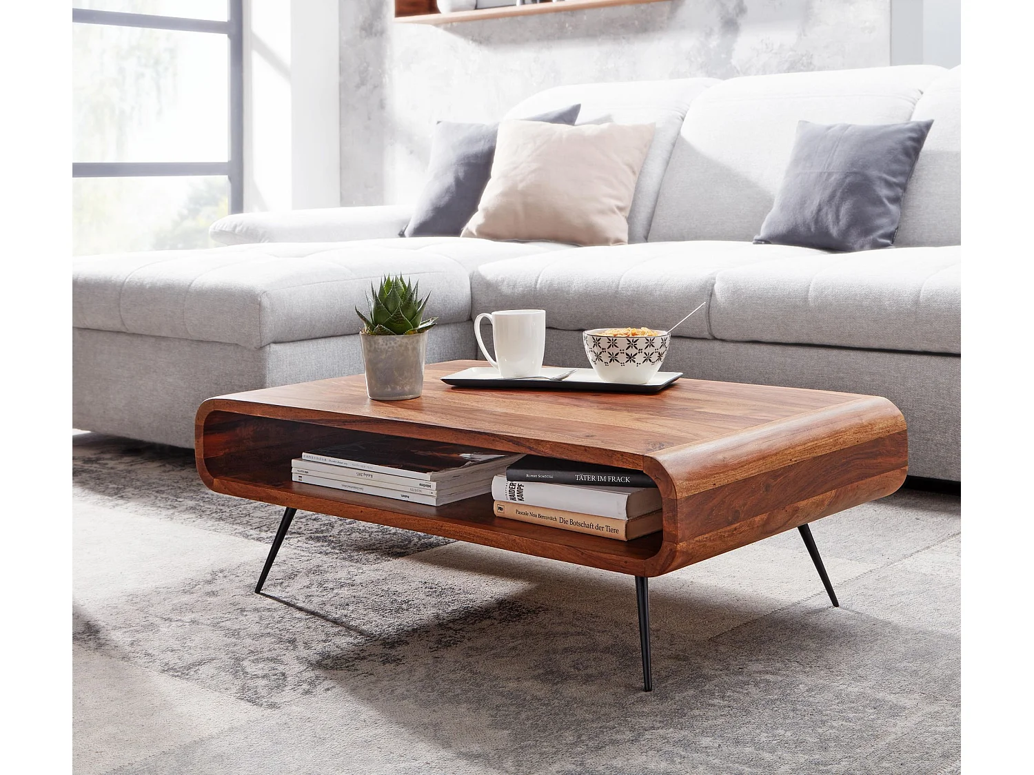 Table Basse de Salon Sheesham Bois Massif et Métal 90x55x30 cm Rectangulaire | Table de Canapé avec Rangement Marron | Design Table d'appoint Style Moderne