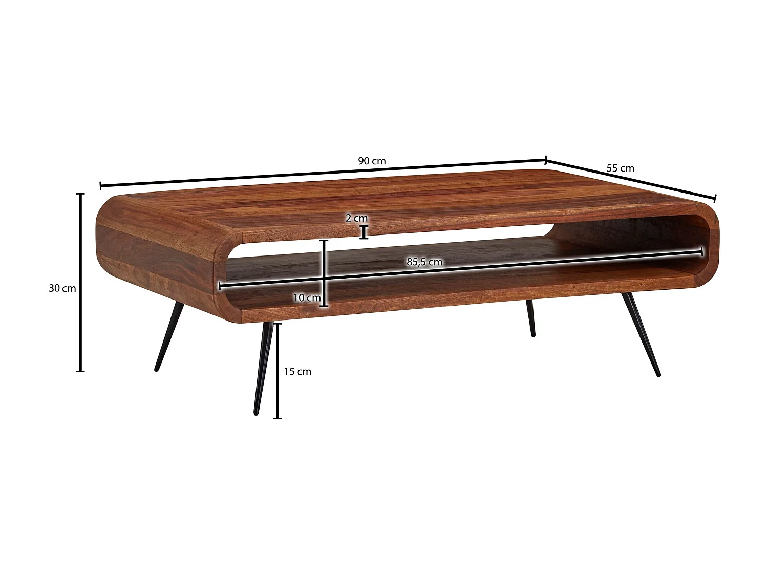 Table Basse de Salon Sheesham Bois Massif et Métal 90x55x30 cm Rectangulaire | Table de Canapé avec Rangement Marron | Design Table d'appoint Style Moderne