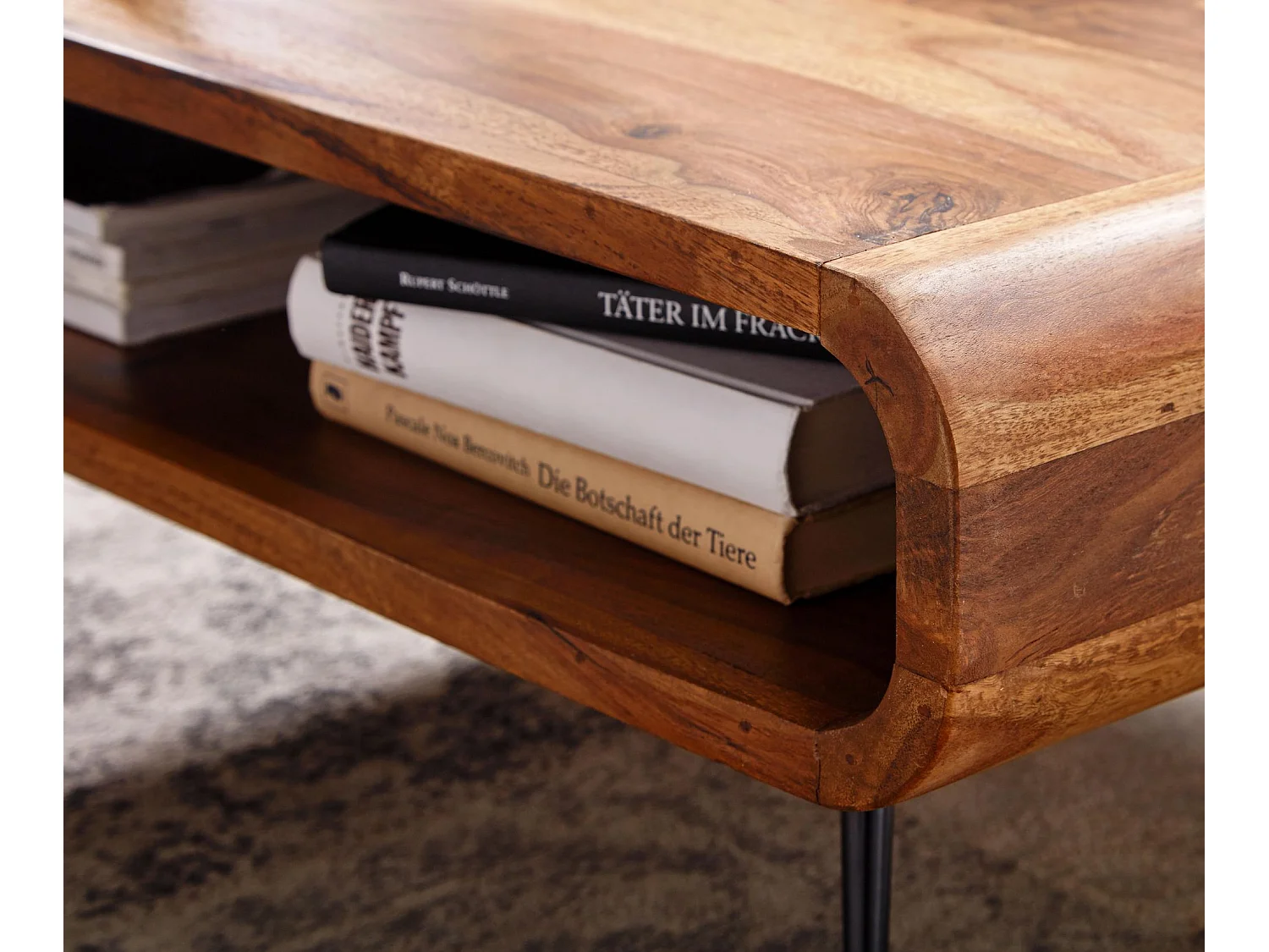 Table Basse de Salon Sheesham Bois Massif et Métal 90x55x30 cm Rectangulaire | Table de Canapé avec Rangement Marron | Design Table d'appoint Style Moderne