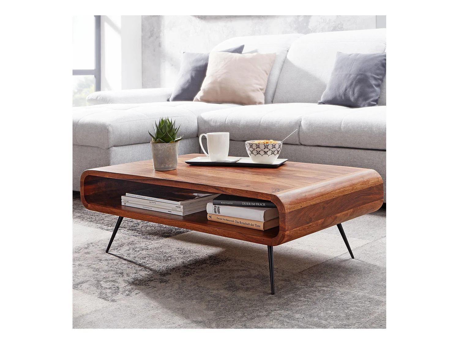 Table Basse de Salon Sheesham Bois Massif et Métal 90x55x30 cm Rectangulaire | Table de Canapé avec Rangement Marron | Design Table d'appoint Style Moderne