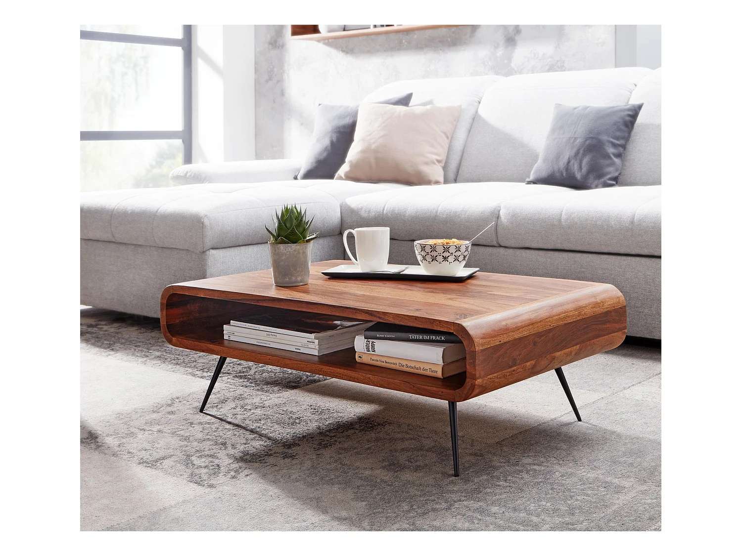 Table Basse de Salon Sheesham Bois Massif et Métal 90x55x30 cm Rectangulaire | Table de Canapé avec Rangement Marron | Design Table d'appoint Style Moderne