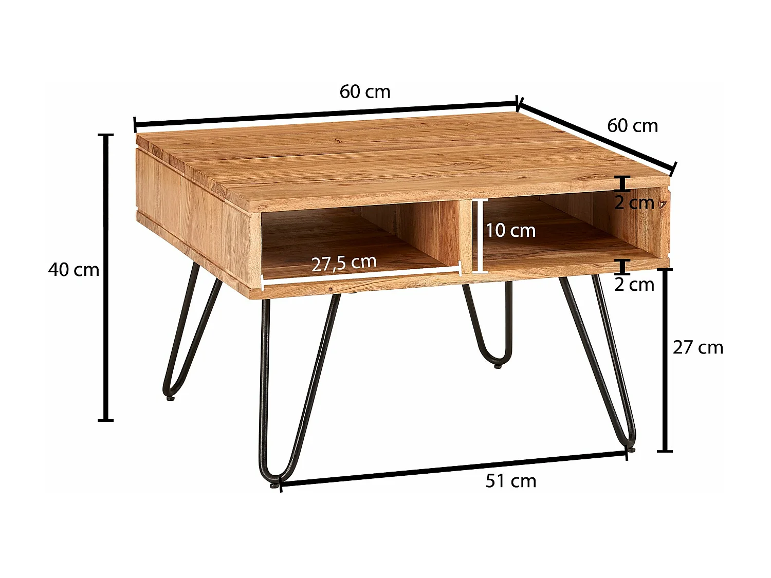 salontafel 60x40x60 cm acacia massief hout / metalen design salontafel hoekig | Houten tafel met opbergruimte | Salontafel hout vierkant bruin