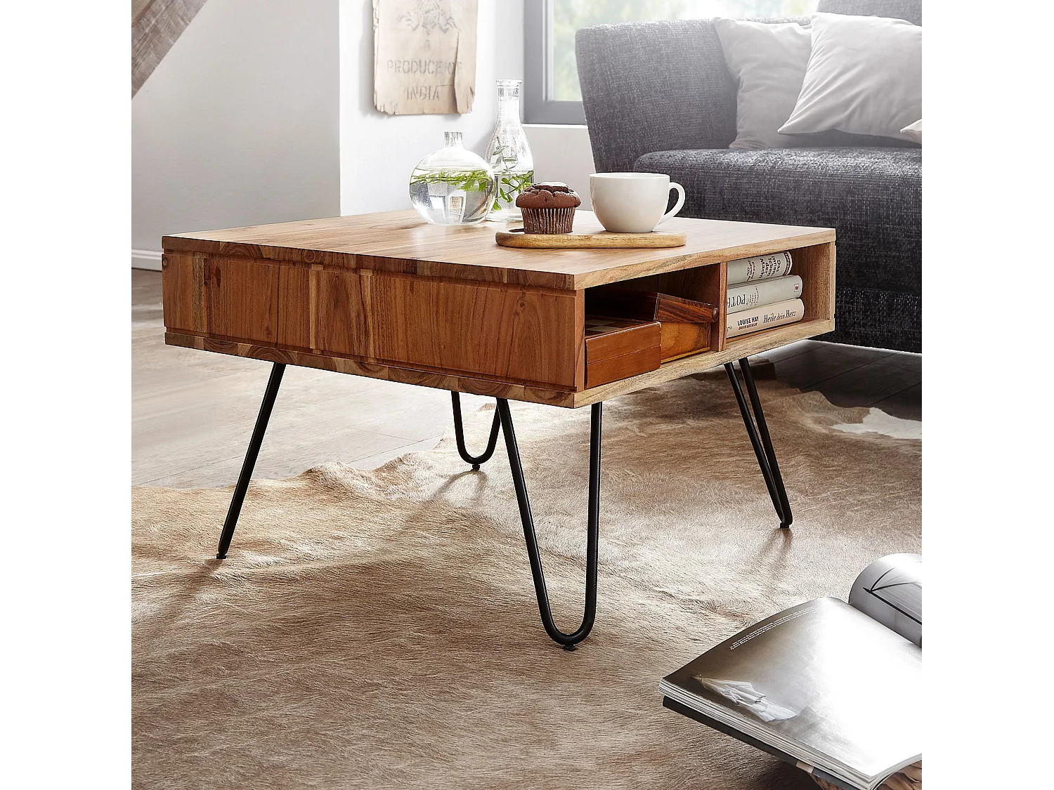 table basse 60x40x60 cm acacia bois massif / métal table basse design angulaire | Table en bois