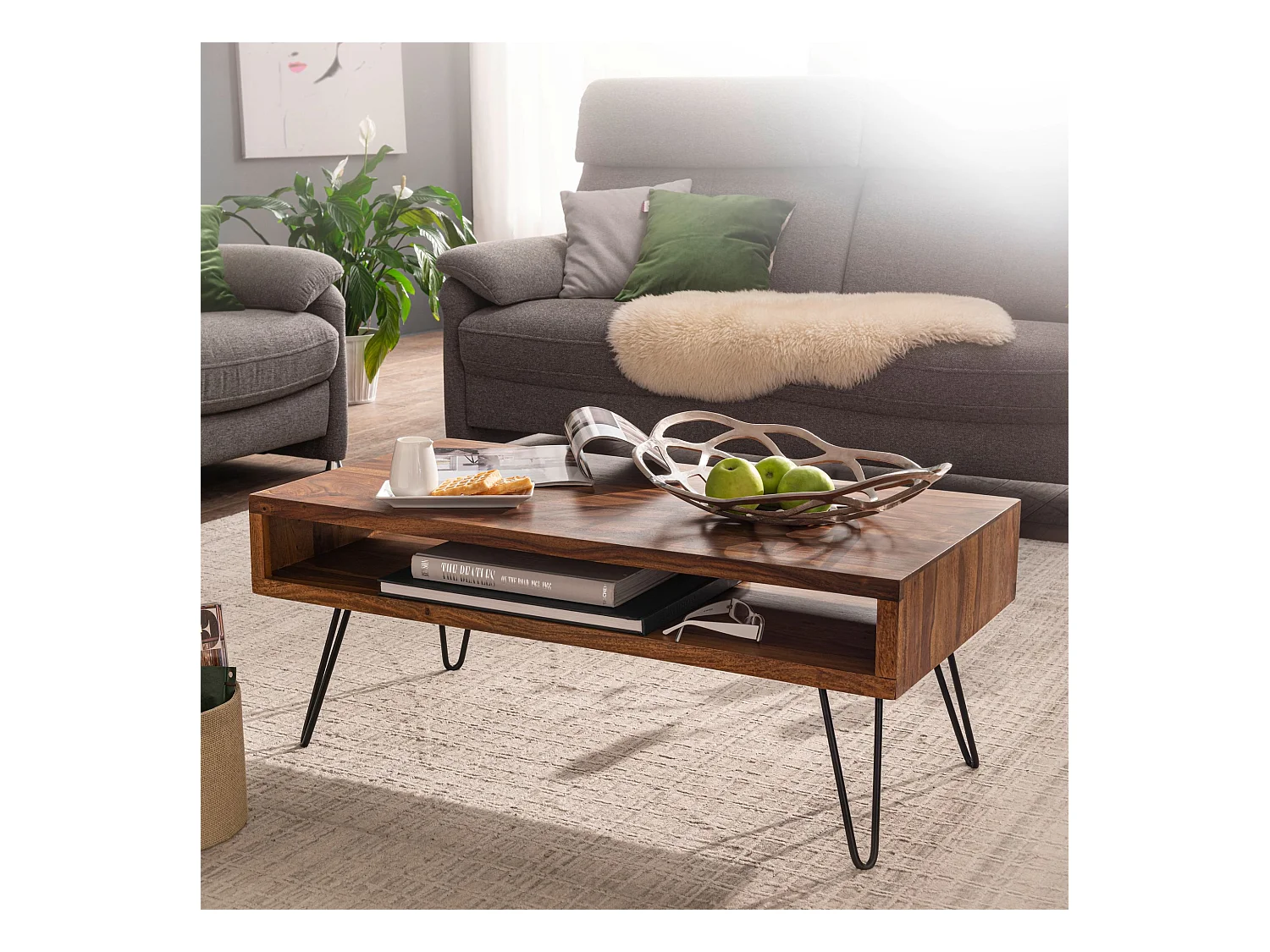 basse  100x40x50 cm Table basse en bois massif / métal Sheesham | Table basse design Table basse rectangulaire pleine | Grand salon table