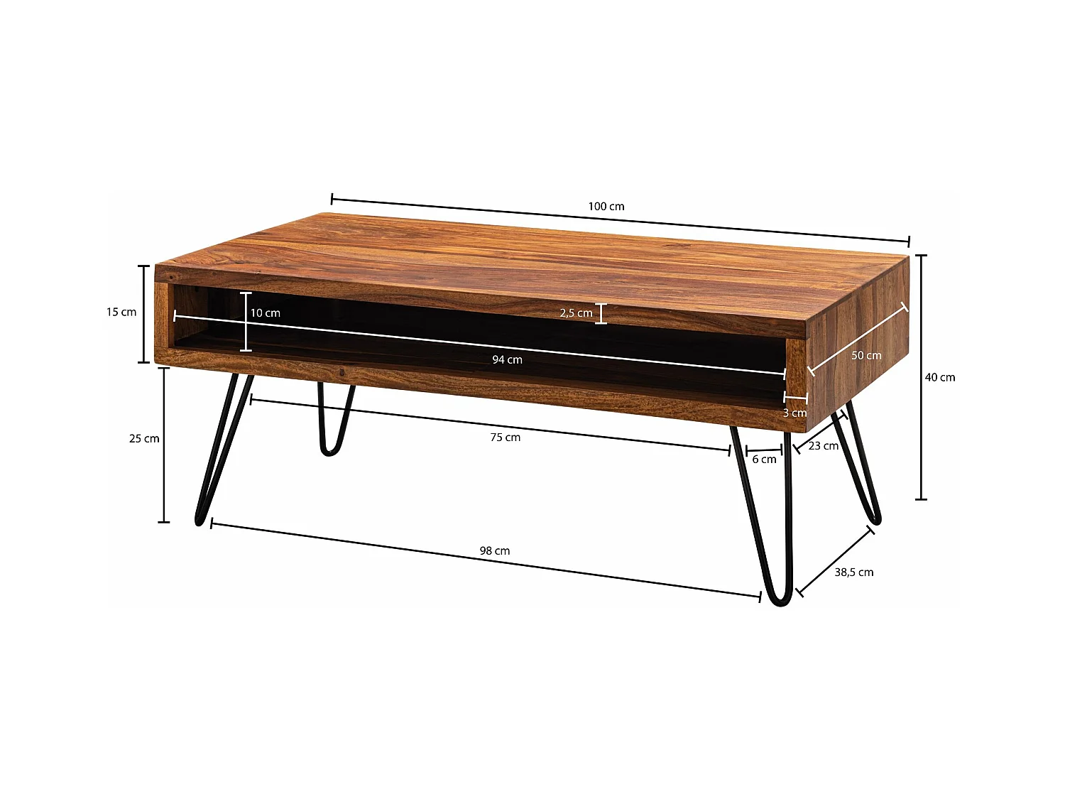 basse  100x40x50 cm Table basse en bois massif / métal Sheesham | Table basse design Table basse rectangulaire pleine | Grand salon table