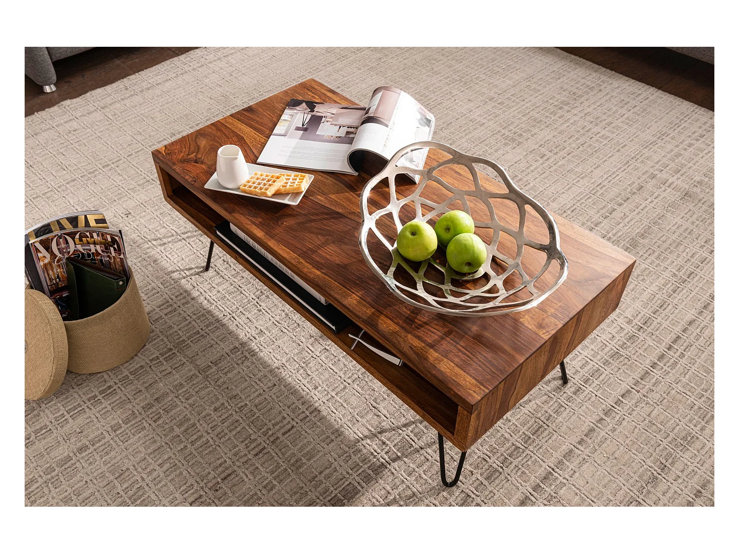 basse  100x40x50 cm Table basse en bois massif / métal Sheesham | Table basse design Table basse rectangulaire pleine | Grand salon table