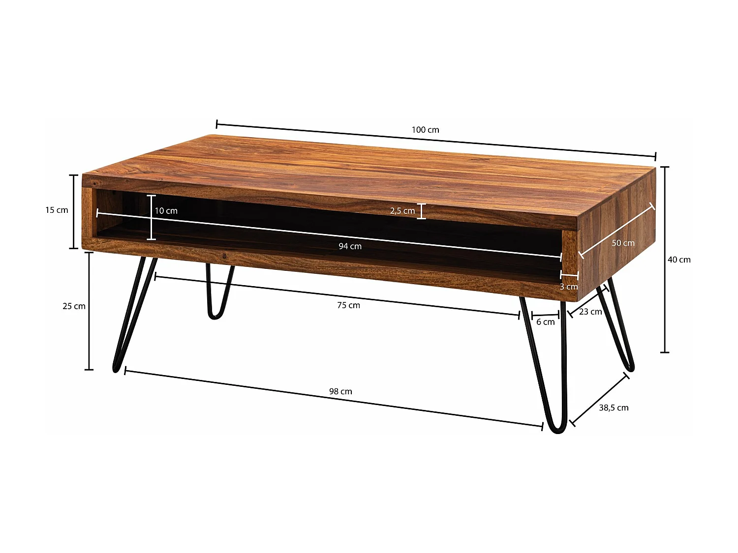 salontafel 100x40x50 cm Sheesham massief houten / metalen salontafel | Design salontafel rechthoekig Massieve salontafel | Grote tafel woonkamer