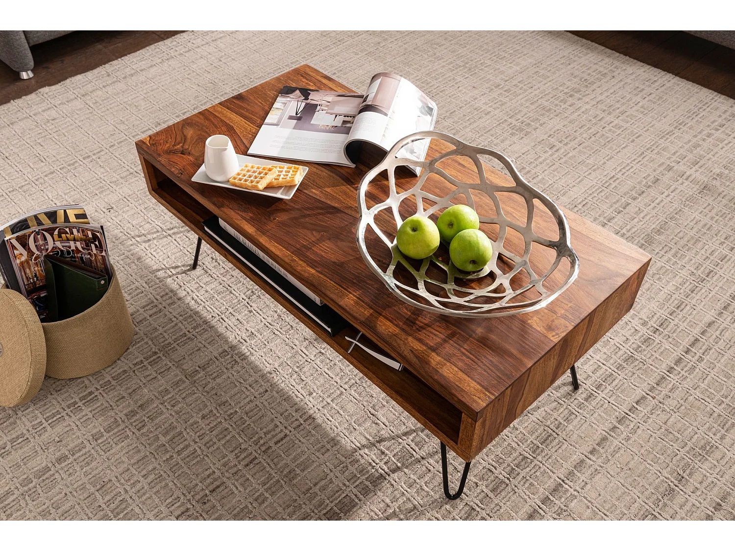 salontafel 100x40x50 cm Sheesham massief houten / metalen salontafel | Design salontafel rechthoekig Massieve salontafel | Grote tafel woonkamer