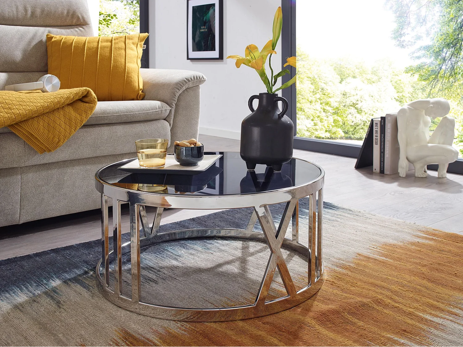 Koffietafel Glas en Metaal 60x60x30 cm Salontafel Zilver | Tafel Woonkamer Rond | Woonkamertafel Modern | Kleine Bijzettafel