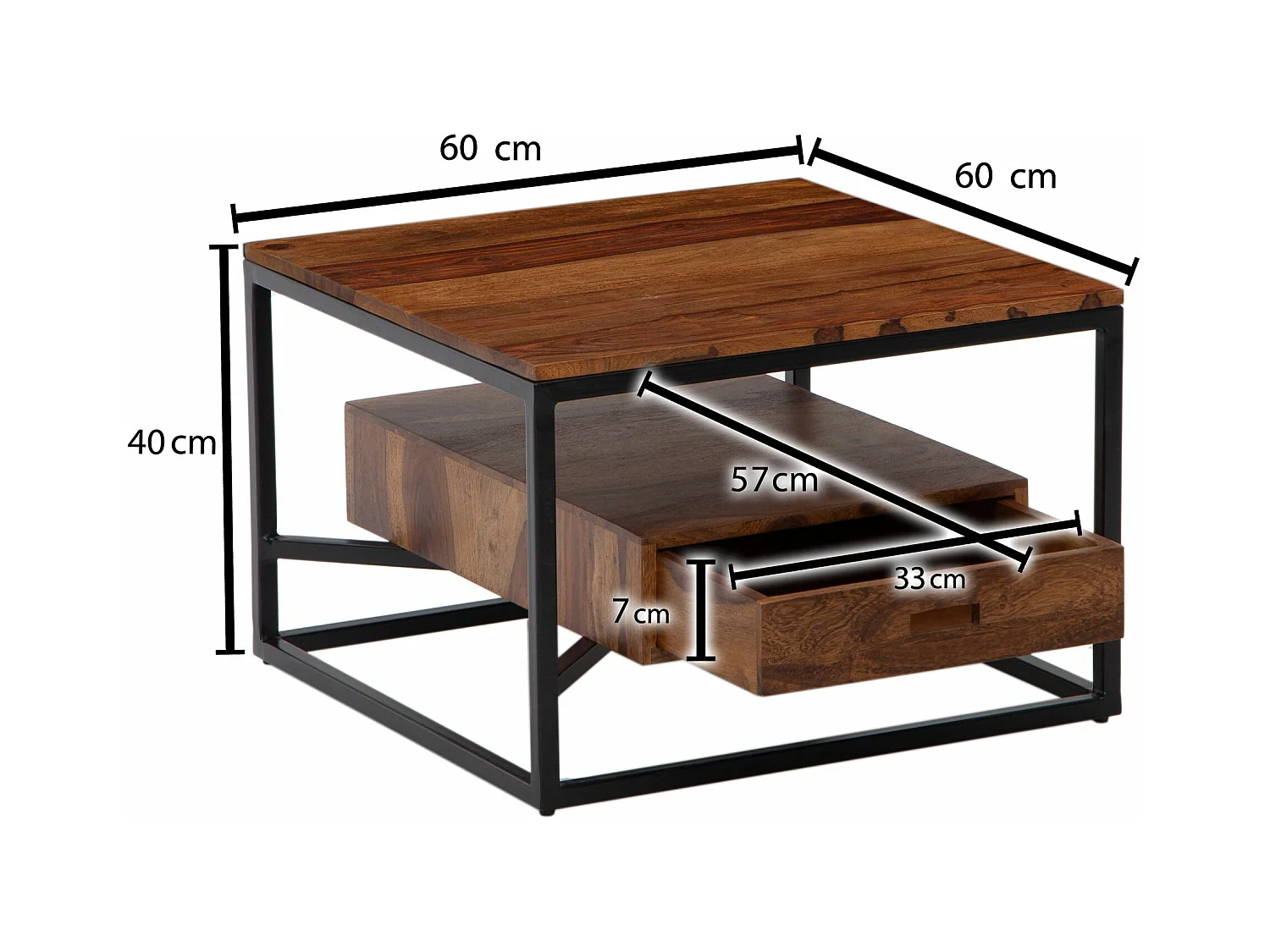 Table Basse De Salon En Bois De Sheesham Bois Massif Solide Et Métal 60X60X40 Cm Carré