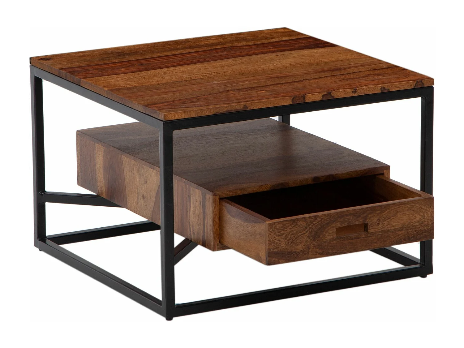 Koffietafel Massif Sheesham-Hout en Metaal 60x60x40 cm Salontafel | Tafel Woonkamer Vierkant met Lade | Kleine Woonkamertafel Bijzettafel