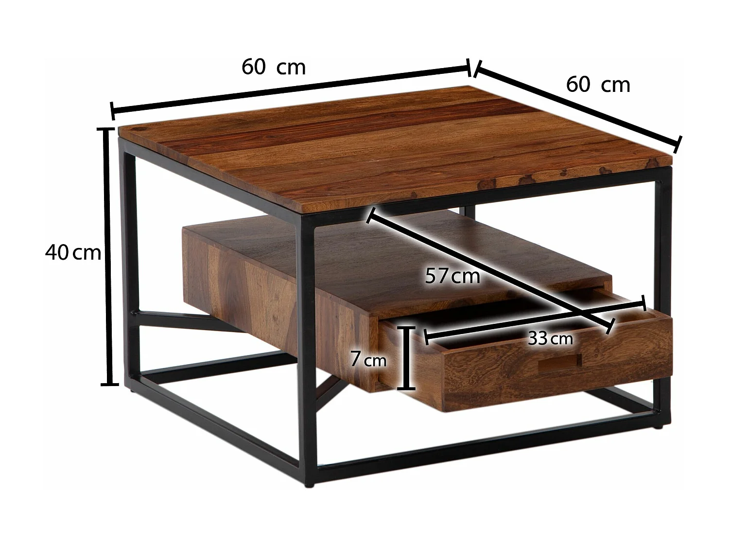 Koffietafel Massif Sheesham-Hout en Metaal 60x60x40 cm Salontafel | Tafel Woonkamer Vierkant met Lade | Kleine Woonkamertafel Bijzettafel
