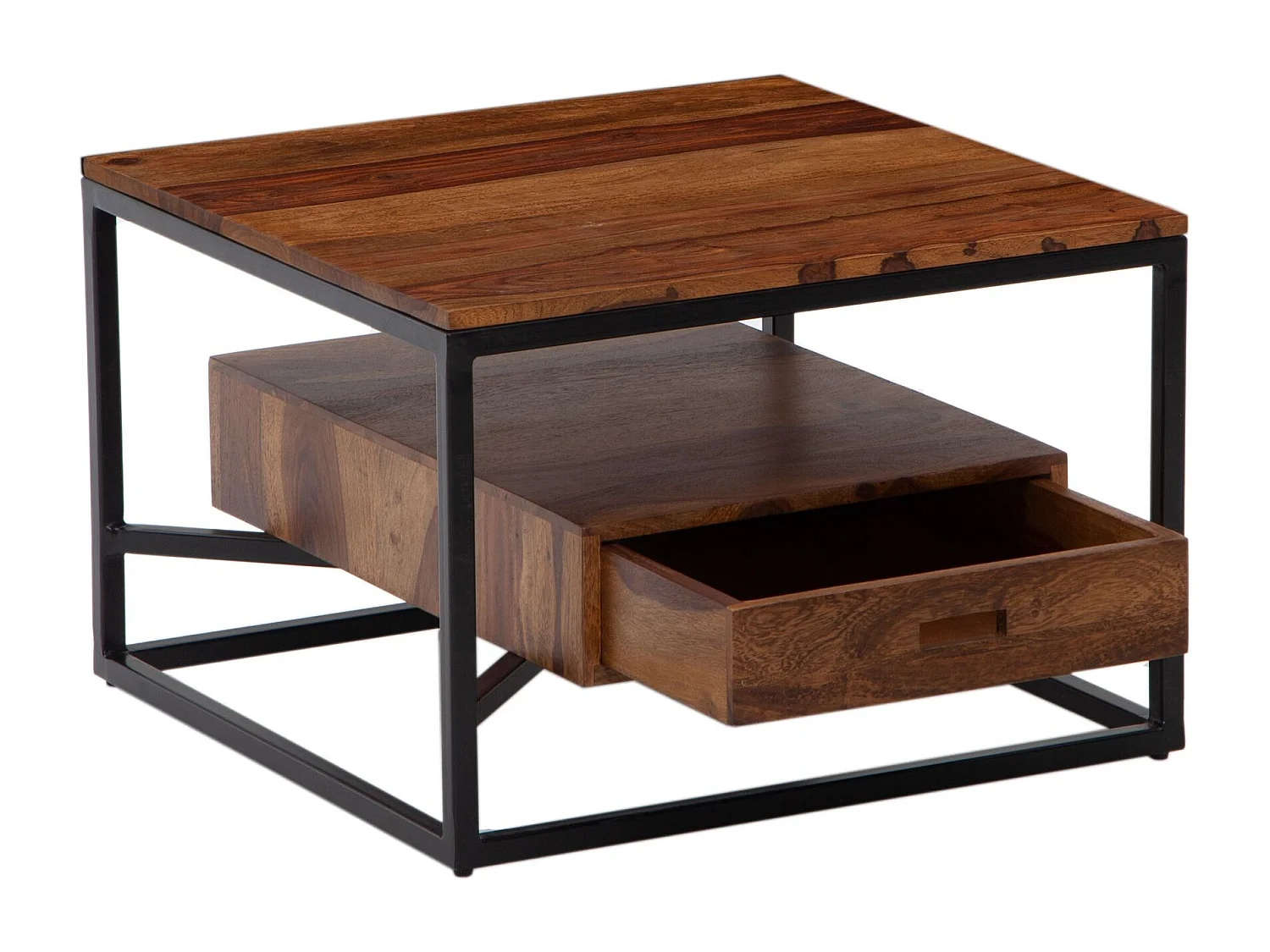 Table Basse de Salon Sheesham Bois Massif et Métal 60x60x40 cm Carré | Petite Table de Canapé avec