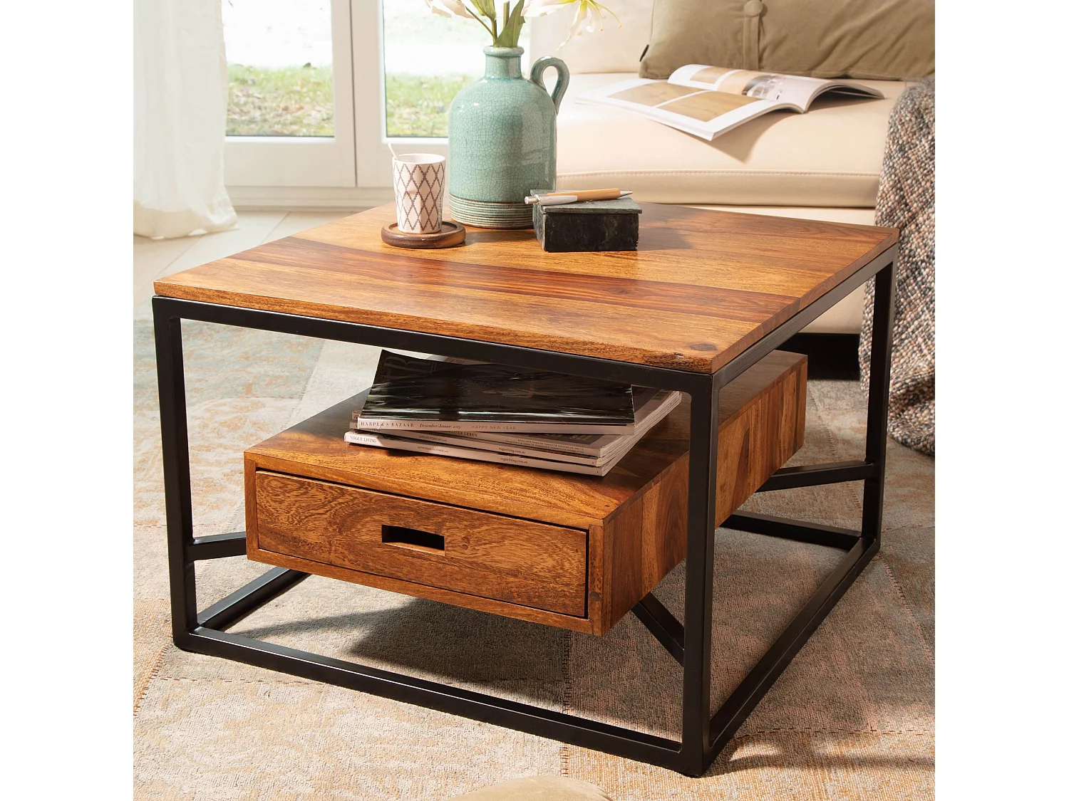 Table Basse de Salon Sheesham Bois Massif et Métal 60x60x40 cm Carré | Petite Table de Canapé avec