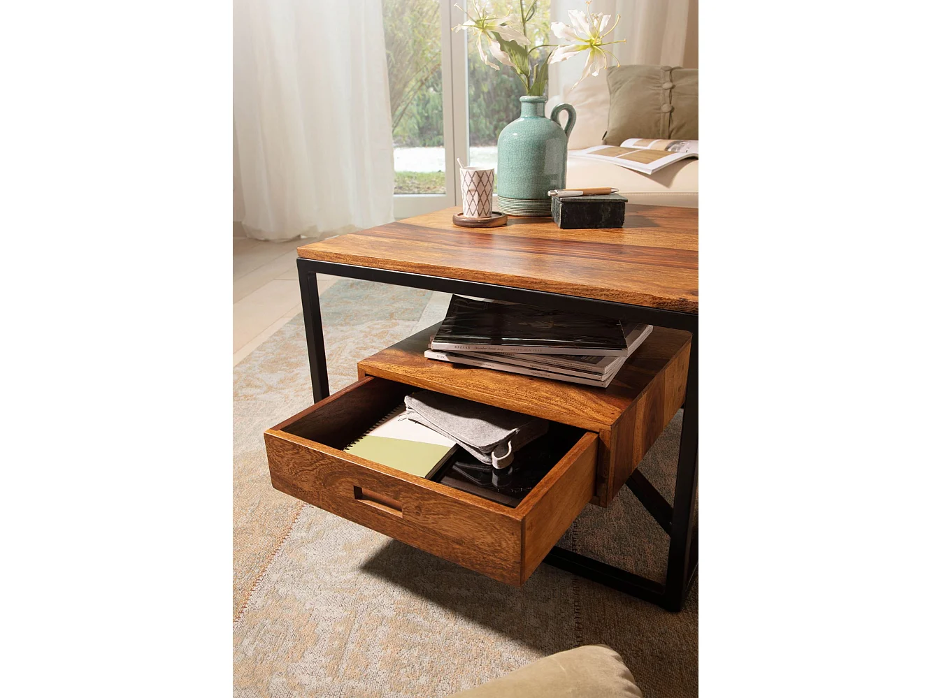 Table Basse de Salon Sheesham Bois Massif et Métal 60x60x40 cm Carré | Petite Table de Canapé avec