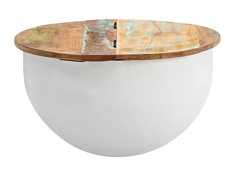 Table Basse Mango 60X34X60 Cm Table En Métal En Bois Massif Solide Blanc Industriel Rond