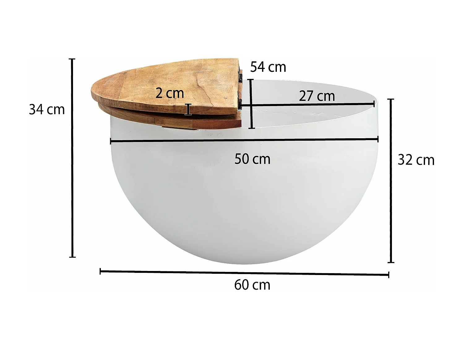 Table Basse Mango 60X34X60 Cm Table En Métal En Bois Massif Solide Blanc Industriel Rond