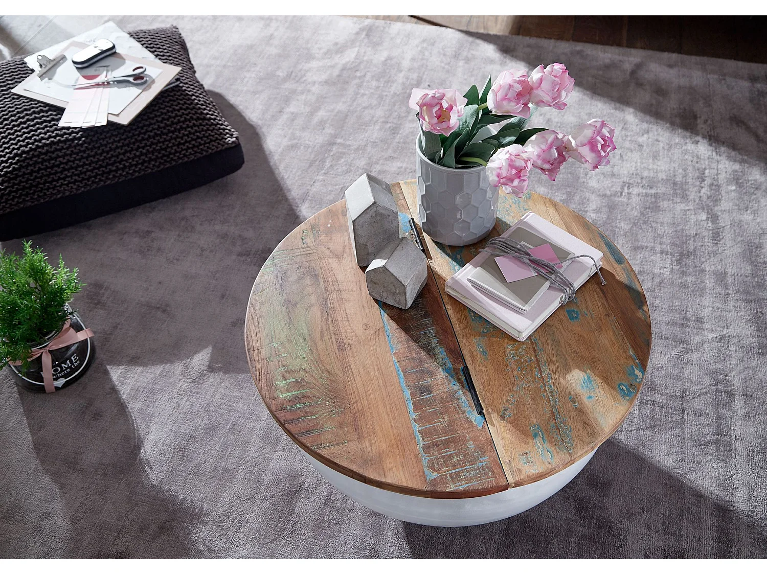 Table Basse Mango 60X34X60 Cm Table En Métal En Bois Massif Solide Blanc Industriel Rond