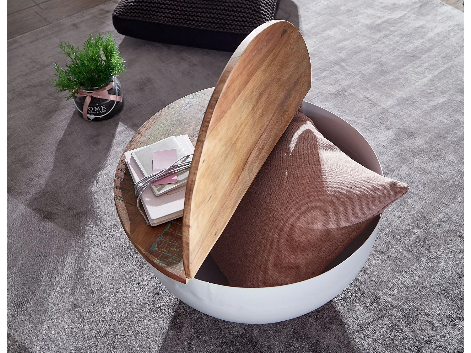 Table Basse Mango 60X34X60 Cm Table En Métal En Bois Massif Solide Blanc Industriel Rond