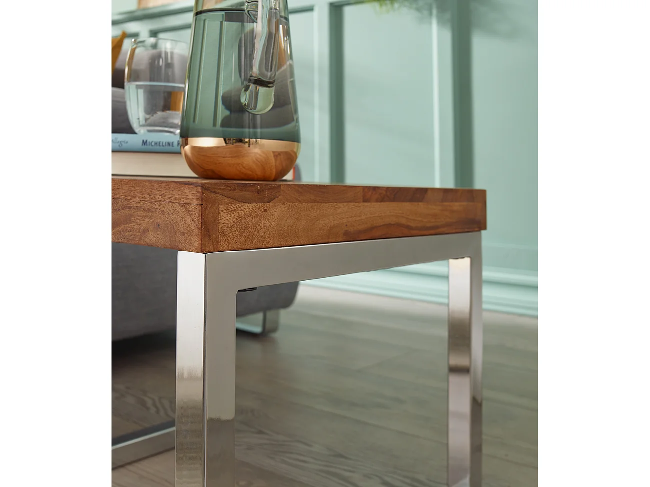 mesa auxiliar GUNA madera maciza sheesham mesa de salón estructura de metal mesa de centro estilo casa de campo marrón oscuro natural