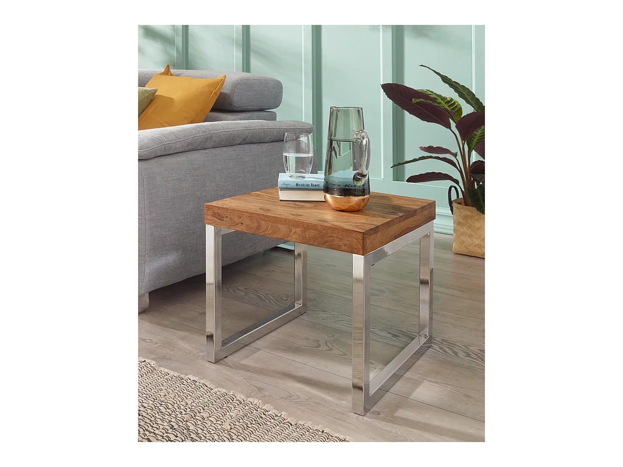 table d'appoint GUNA table de salon en bois massif de sheesham cadre en métal table basse style maison de campagne brun foncé naturel