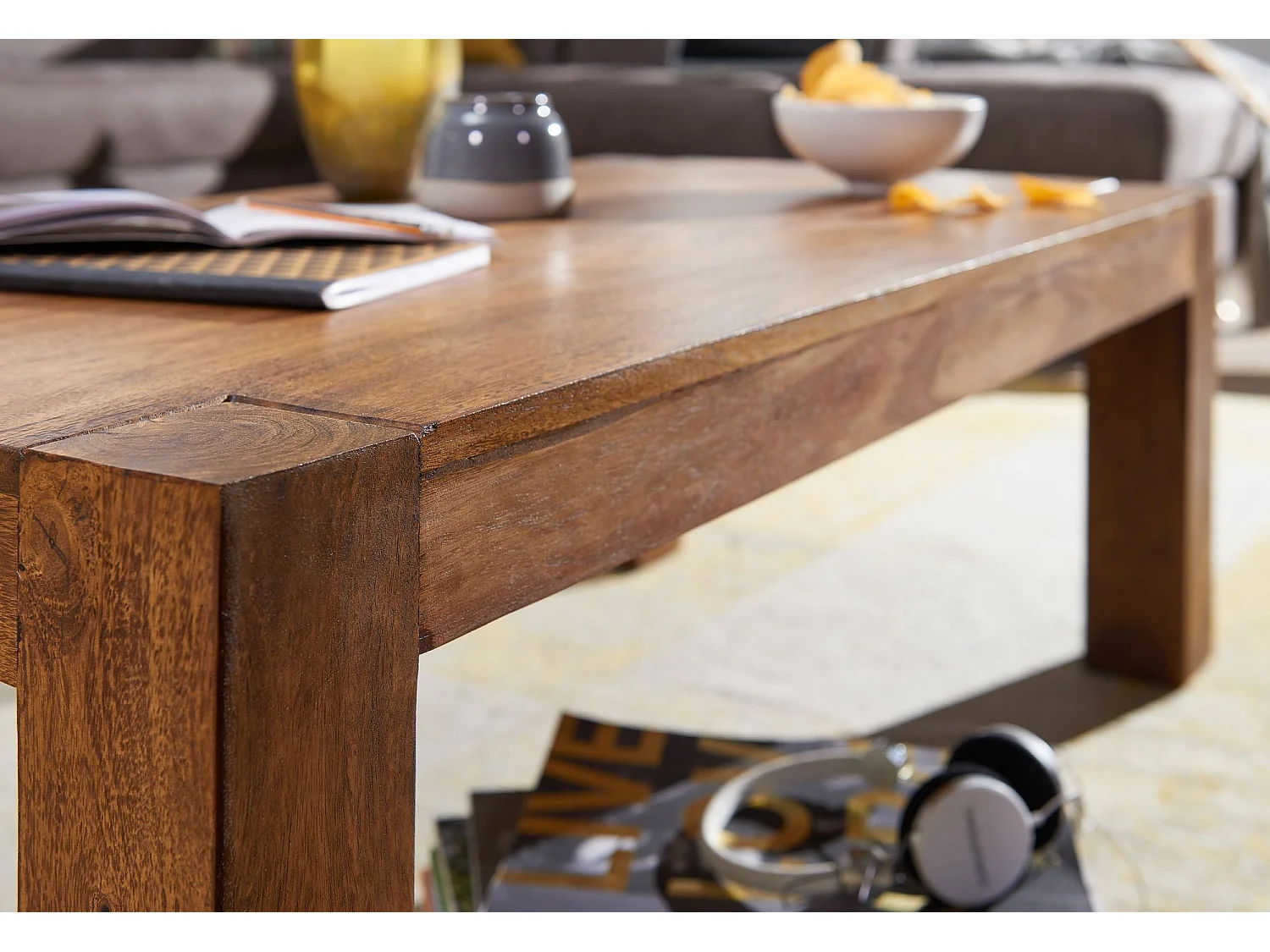 mesa de centro de madera maciza Sheesham 110cm sala de estar amplia mesa de estilo rústico marrón oscuro diseño de la tabla