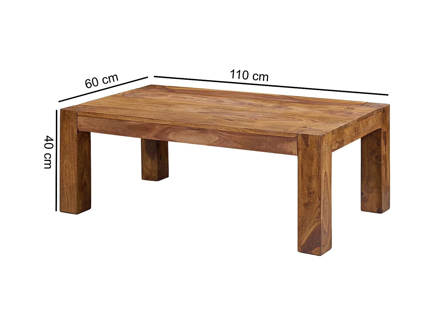 mesa de centro de madera maciza Sheesham 110cm sala de estar amplia mesa de estilo rústico marrón oscuro diseño de la tabla