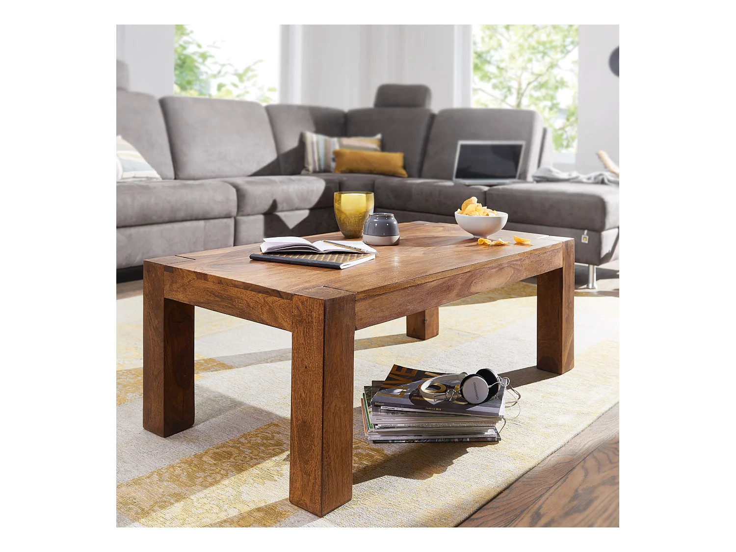 mesa de centro de madera maciza Sheesham 110cm sala de estar amplia mesa de estilo rústico marrón oscuro diseño de la tabla