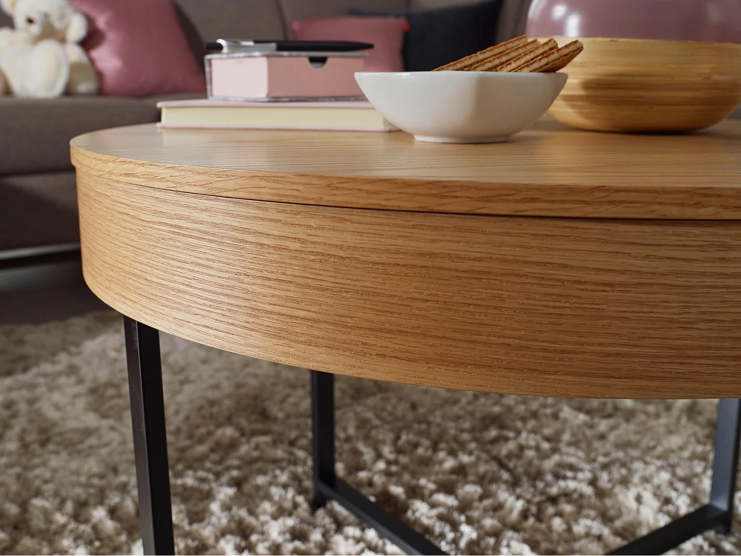 tavolino di design rotondo Ã˜ 69 cm con aspetto rovere tavolino con contenitore Lounge tavolino da salotto con gambe in metallo tavolino MDF