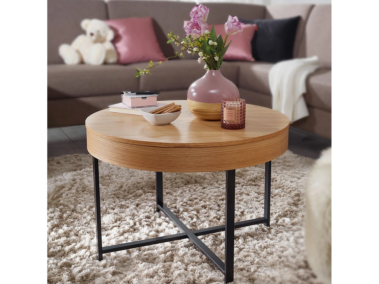 Design Couchtisch Rund Ø 69 cm mit Eichen Optik Tisch mit Stauraum, Lounge-Wohnzimmertisch mit Metallbeine, MDF Beistelltisch