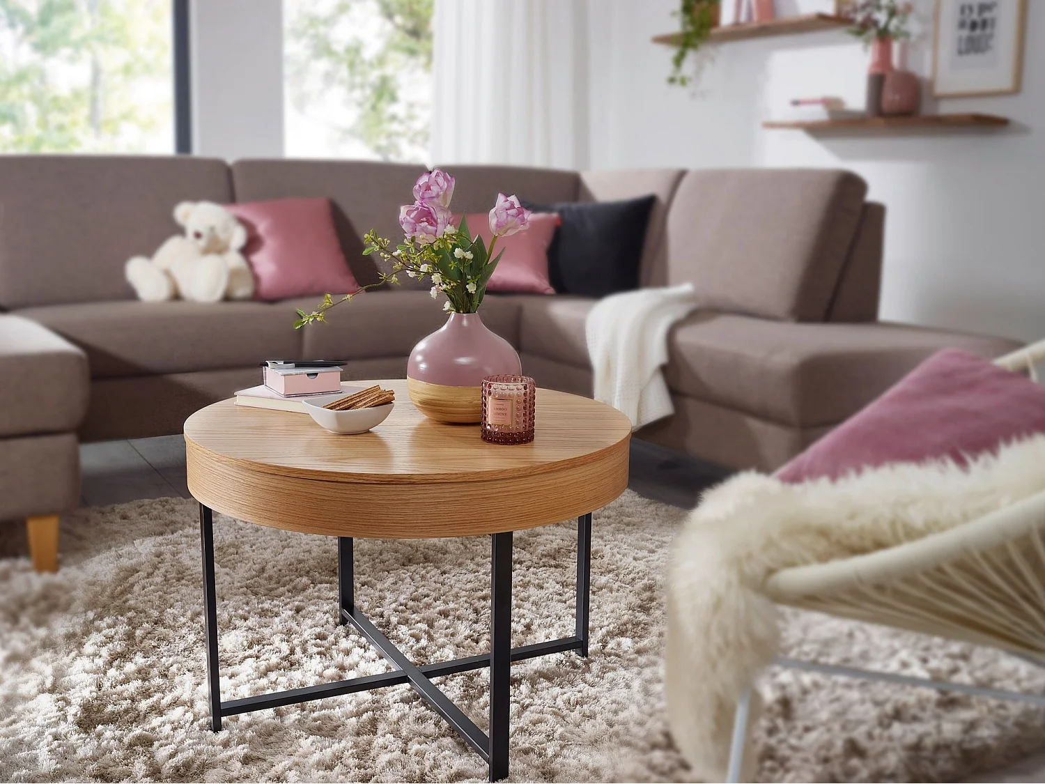 Design Couchtisch Rund Ø 69 cm mit Eichen Optik Tisch mit Stauraum, Lounge-Wohnzimmertisch mit Metallbeine, MDF Beistelltisch