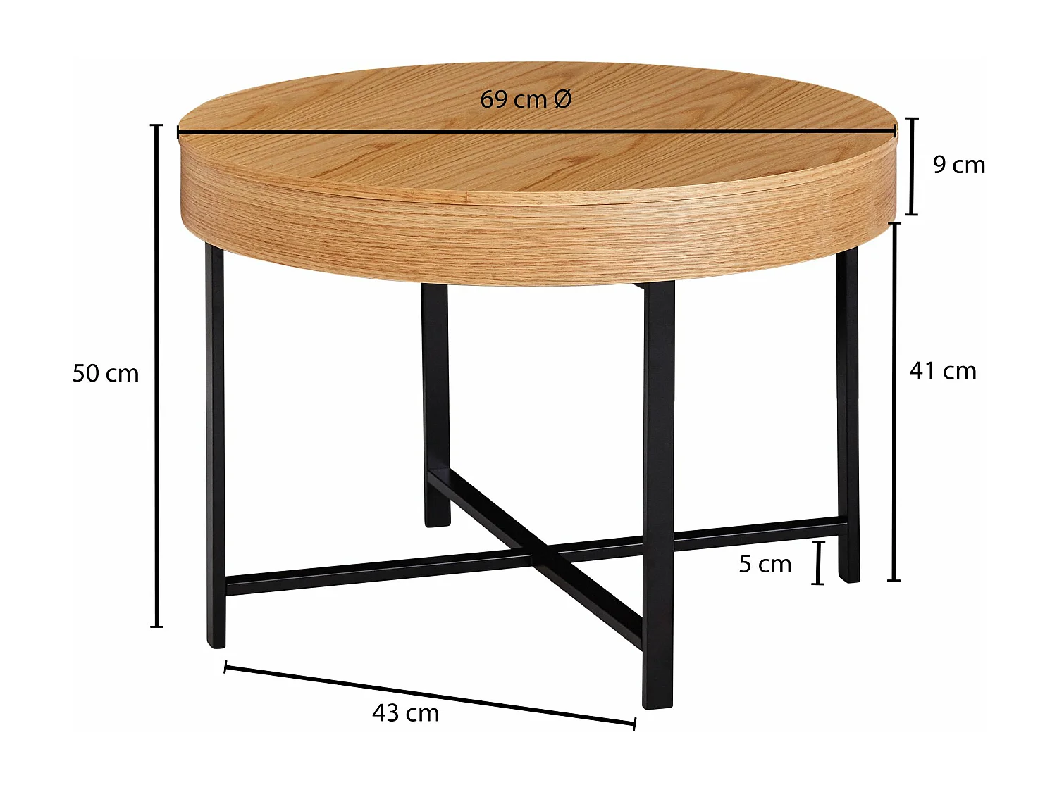Design Couchtisch Rund Ø 69 cm mit Eichen Optik Tisch mit Stauraum, Lounge-Wohnzimmertisch mit Metallbeine, MDF Beistelltisch