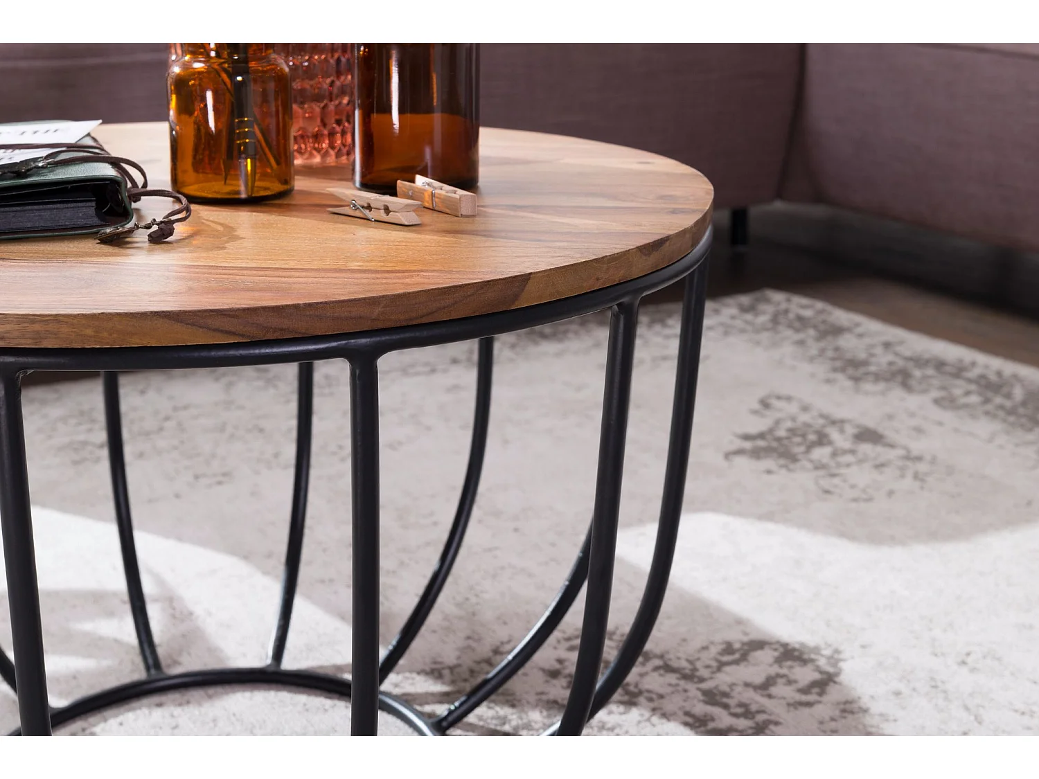 Table À Café  Manora 60X39X60 Cm Table En Osier En Bois Massif Solide / Métal En Bois